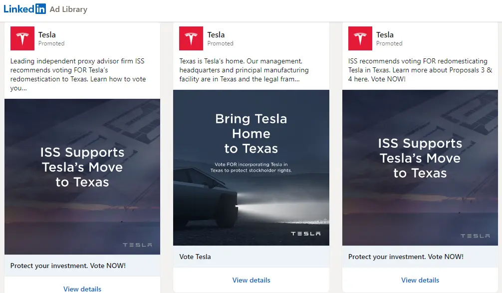 linkedin-ads-library-tesla-example Tesla ads on LinkedIn.