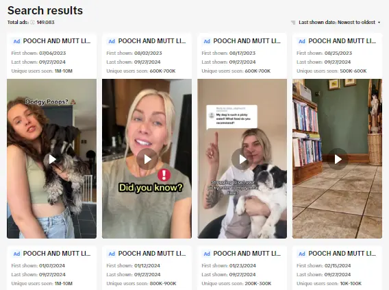 tiktok-ads-library-example-for-dog-keyword Example of ads on TikTok for the keyword dog.