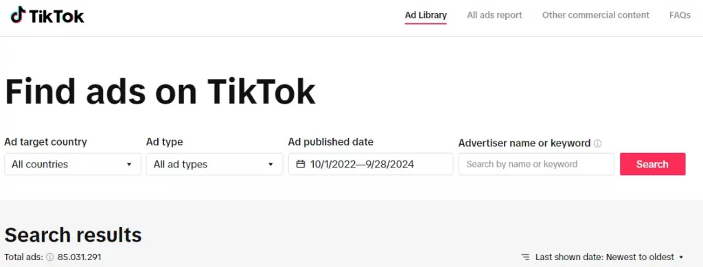 tiktok-ads-library-homepage Screenshot of TikTok ads library homepage.